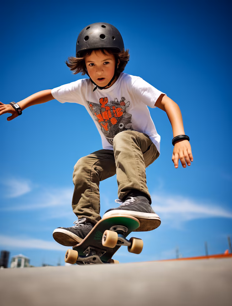 Kid on halfpipe skateboarding